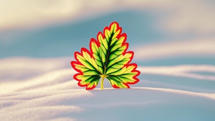 Aufkleber - Colorful leaf with intricate patterns resting on a smooth snow surface under soft natural light