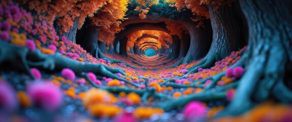 Poster - Colorful autumn forest pathway with vibrant flowers and trees creating a vivid tunnel effect in a fantasy setting