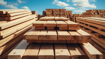 Aufkleber - Stacked wooden planks in a lumber yard under a blue sky with clouds showcasing construction materials and woodworking elements.