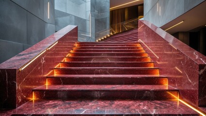 Aufkleber - Interior view of modern staircase with illuminated marble steps and contemporary architectural design elements