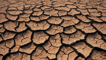 Poster - Dry cracked earth surface texture pattern with varying shades of brown and deep fissures revealing arid conditions and lack of moisture