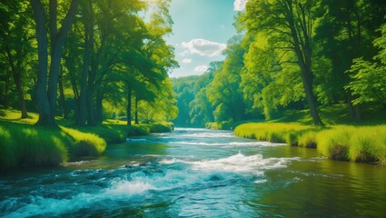 Poster - Lush green river landscape with flowing water surrounded by trees and grass under a clear blue sky in sunlight