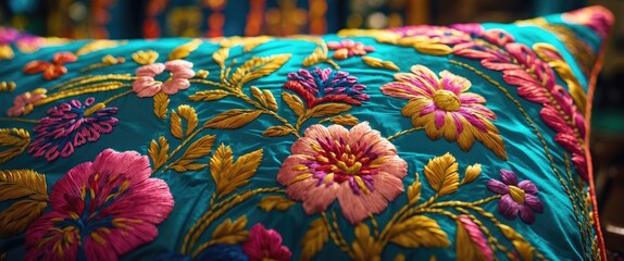 Poster - Colorful embroidered cushion with floral patterns on a vibrant turquoise fabric background displaying intricate detailing and craftsmanship.
