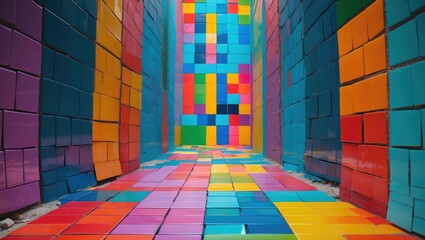 Poster - Colorful tiled corridor with vibrant geometric pattern on walls and floor creating a playful and dynamic visual experience.