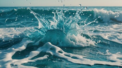 Poster - Splashing water waves with droplets and foam under natural light by the ocean beach during daytime.