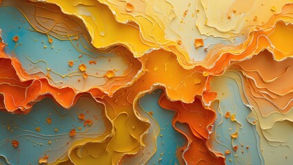 Poster - Abstract textured background with layered wavy patterns in shades of blue, orange, and yellow showcasing depth and dimension