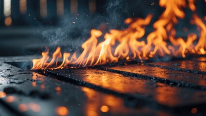 Poster - Flames burning on a metal surface with smoke and sparks in a dimly lit industrial setting