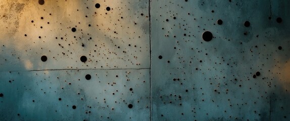 Poster - Textured abstract wall surface with paint splatters and circular patterns in shades of blue and brown
