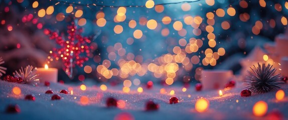 Aufkleber - Christmas vibes with warm fairy lights and decorations on snowy background in soft focus creating a festive atmosphere.