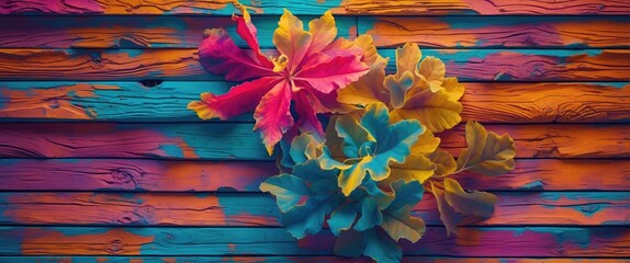 Poster - Colorful leaves on vibrant wooden background with dynamic blue, pink, yellow, and orange hues creating artistic composition