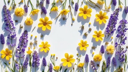 Poster - Colorful flower arrangement with yellow and purple blooms on a white background creating a vibrant floral display