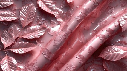 Aufkleber - Textured background with pink leaves and glossy surfaces creating a layered visual effect in a soft gradient of pink hues.