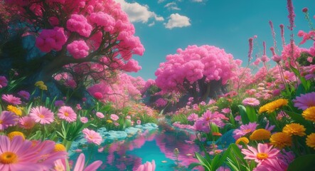 Poster - Lush colorful landscape with vibrant pink trees and various flowers along a serene blue river under a clear sky