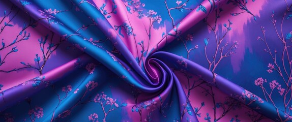 Fototapete - Colorful fabric with floral pattern in vibrant pink and blue tones arranged in a swirling design.