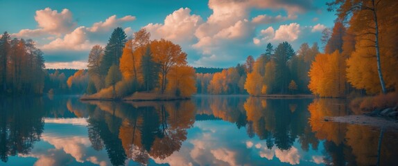 Aufkleber - Autumn landscape with colorful trees and calm water reflecting clouds under a blue sky in a serene natural setting