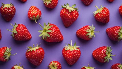 Aufkleber - Red strawberries arranged on a purple background creating a vibrant flat lay composition for food photography and design use