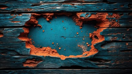 Aufkleber - Close-up of weathered wooden surface with blue paint peeling revealing rusty orange underlayer and scattered debris