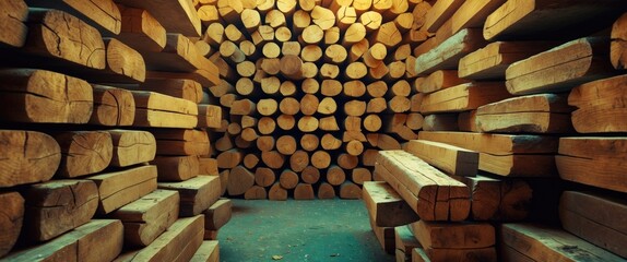 Poster - Wood storage area with stacked logs and beams arranged in organized manner, showcasing various wood textures and colors.