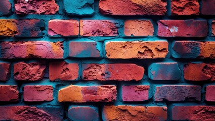 Aufkleber - Colorful textured brick wall with vibrant hues of orange, red, and turquoise, highlighting aged and weathered surfaces.