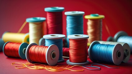 Poster - Colorful sewing threads on spools arranged artistically against a vibrant red background with soft shadows and highlights