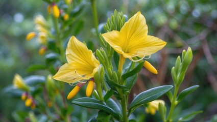 Poster - Yellow flowers with green foliage in a natural setting, showcasing blooming petals and buds against a blurred background.