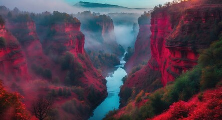 Aufkleber - Colorful canyon landscape with a river surrounded by mist and trees at dawn in warm tones of red and green