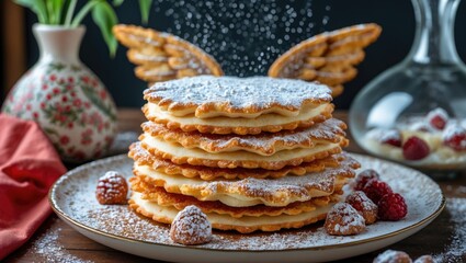 Aufkleber - Stack of crispy waffles dusted with powdered sugar on a plate, garnished with raspberries and a decorative background.