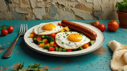Poster - Breakfast plate with fried eggs, sausage, mixed vegetables and fresh tomatoes on turquoise textured background
