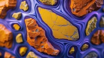 Poster - Colorful abstract composition featuring cracked yellow stones surrounded by orange and purple textures on a textured background