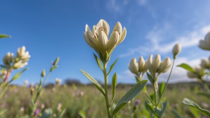 Poster - White wildflower in a green field under a blue sky with fluffy clouds, focusing on blooming petals and surrounding foliage.