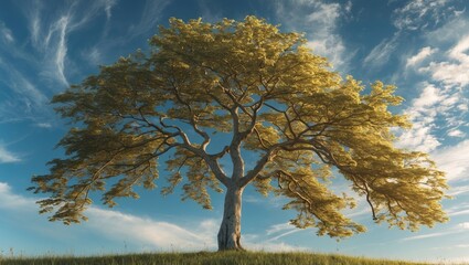 Poster - Lone large tree with vibrant leaves against a blue sky and wispy clouds in a grassy field during daylight.
