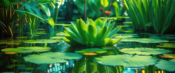Poster - Water lily in tranquil pond surrounded by lush green foliage and lily pads reflecting in the water surface during daylight.