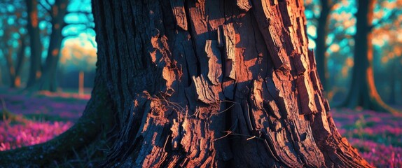 Poster - Close-up view of textured tree bark with colorful lighting in a forest setting surrounded by purple flowers and blurred background trees