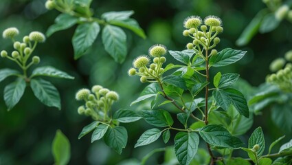 Poster - Green foliage with flowering buds against a blurred natural background lush vegetation and detailed leaves in a botanical setting