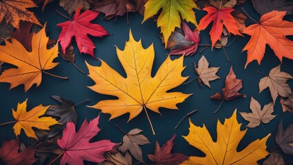 Poster - Vibrant autumn leaves in various colors creating a natural textured background ideal for seasonal designs and presentations.