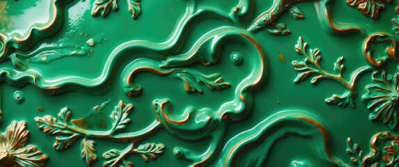 Aufkleber - Textured green and gold ornate decorative surface with floral patterns and flowing lines in a minimalist style