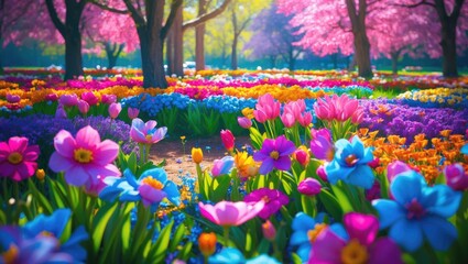 Poster - Vibrant spring flower garden with diverse colorful blossoms in a sunny park setting with trees and blooming flowers