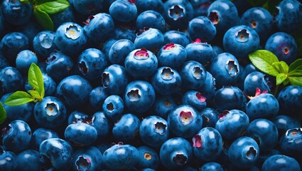 Aufkleber - Fresh blue blueberries with green leaves on dark background close up in full frame pattern selective focus.