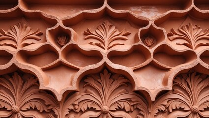 Poster - Decorative plasterwork with intricate floral patterns in terracotta color displaying traditional craftsmanship and architectural design
