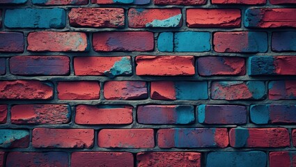 Poster - Colorful textured brick wall background in shades of red and blue suitable for design and artistic projects.