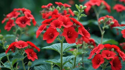 Poster - Vibrant red mallow flowers in full bloom surrounded by lush green foliage showcasing their beauty in a natural setting.