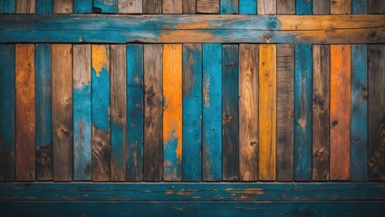 Poster - Abstract wooden background with colorful filters showcasing a mix of blue orange and natural wood tones for creative design projects.