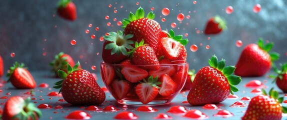 Aufkleber - Fresh strawberries in a glass bowl surrounded by whole and sliced strawberries with water droplets on a textured background