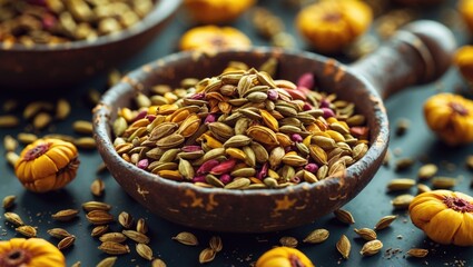 Poster - Assorted spices and seeds in wooden bowl with marigold flowers on dark surface natural light macro photography