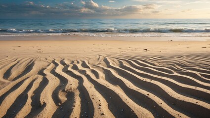 Poster - Golden sandy beach texture with ripples under a serene sky and gentle waves, creating a peaceful coastal scene at sunset.