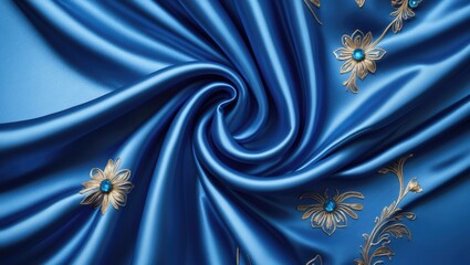 Aufkleber - Blue satin fabric with floral embroidery and decorative beads in a swirl pattern textile design.