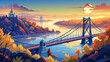 © ehsanollah - Budapest, Hungary - Aerial view of the beautiful Megyeri suspension bridge over River Danube covered in heavy fog on an autumn afternoon with beautiful gold and blue sky at sunset
