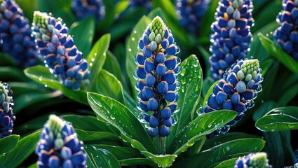 Aufkleber - Lupine flowers with blue petals arranged in clusters surrounded by green leaves and water droplets on petals