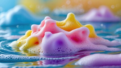 Poster - Colorful foam bubbles floating on water surface with a soft blurred background