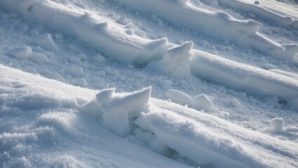 Poster - Snowy landscape with ice formations and textured snow layers in sunlight, showcasing natural winter scenery and frozen shapes.